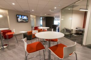 Amata's newly renovated center on the 28th floor of 150 N. Michigan features a mix of private and collaborative workspaces, including huddle rooms for casual meetings and group work.