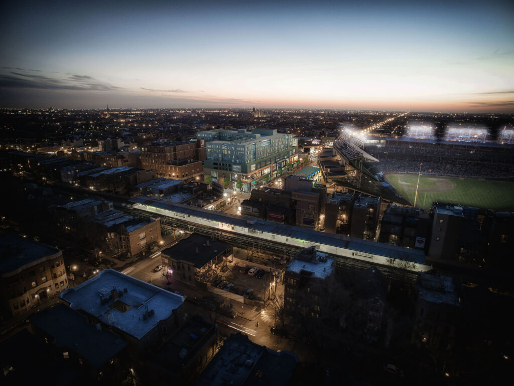 Aerial view of Addison & Clark, slated for completion in 2018, is being developed by a joint venture of M&R Development and Bucksbaum Retail Properties.