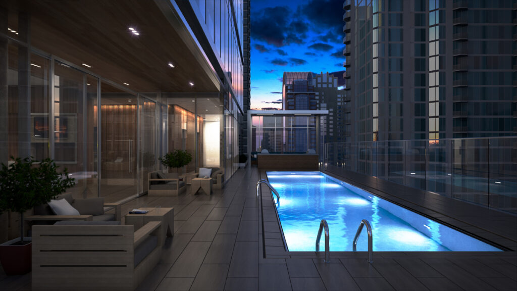 The infinity-edge stainless steel pool is one of the amenities at the 26-story, 102-unit luxury rental tower at 8 E. Huron.