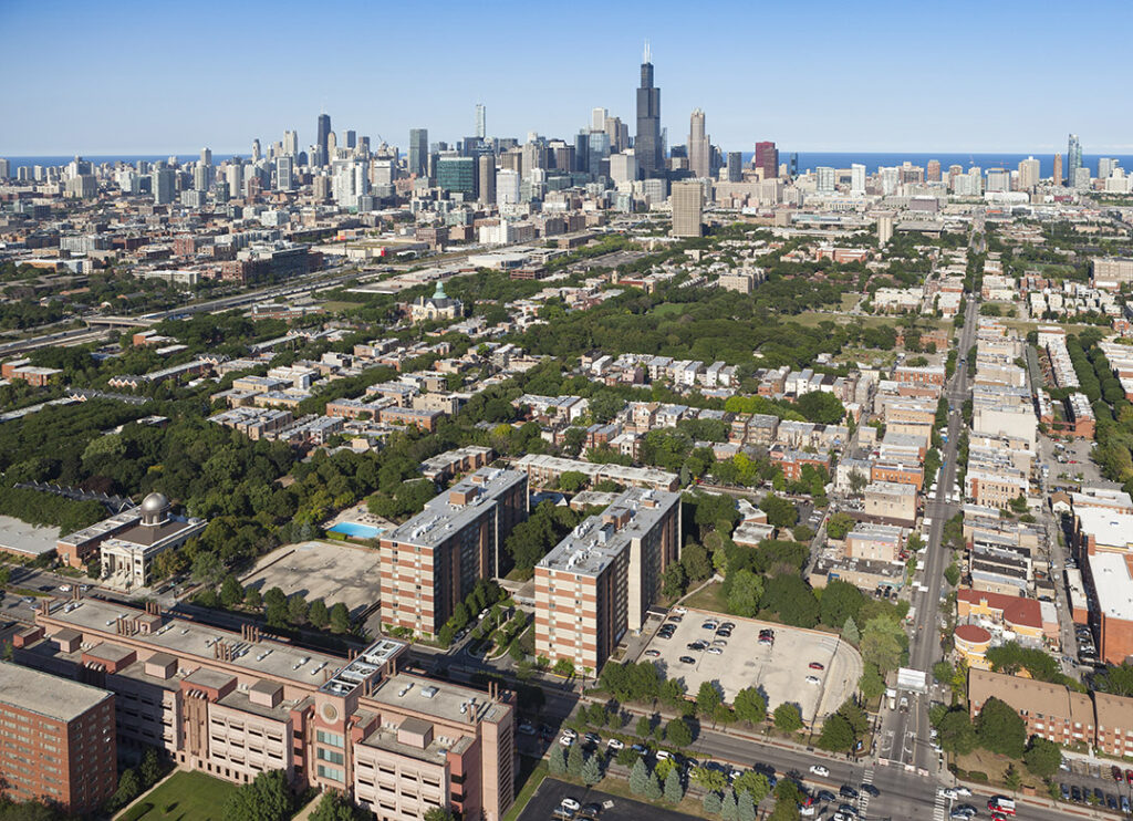 A joint venture arranged by KIG plans to renovate the Medical District Apartments at 901 S. Ashland Ave. (foreground) and develop two new residential towers -- one on each side of the existing community.