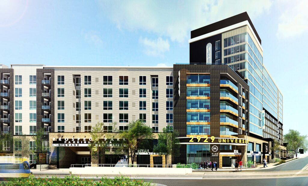 RISE at Prospect Park will include two components: a seven-story structure with 150 apartments and an adjacent 13-story tower with an additional 186 residences and 40,000 square feet of street-level retail, including a Fresh Thyme Farmers Market.