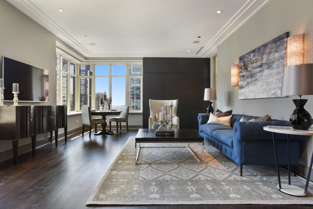 Expansive windows offer spectacular city views in the 22D floorplan, a 1,423-square-foot, one-bedroom, 1 ½ bath home offered for sale at The Ritz-Carlton Residences, Chicago, Magnificent Mile.  