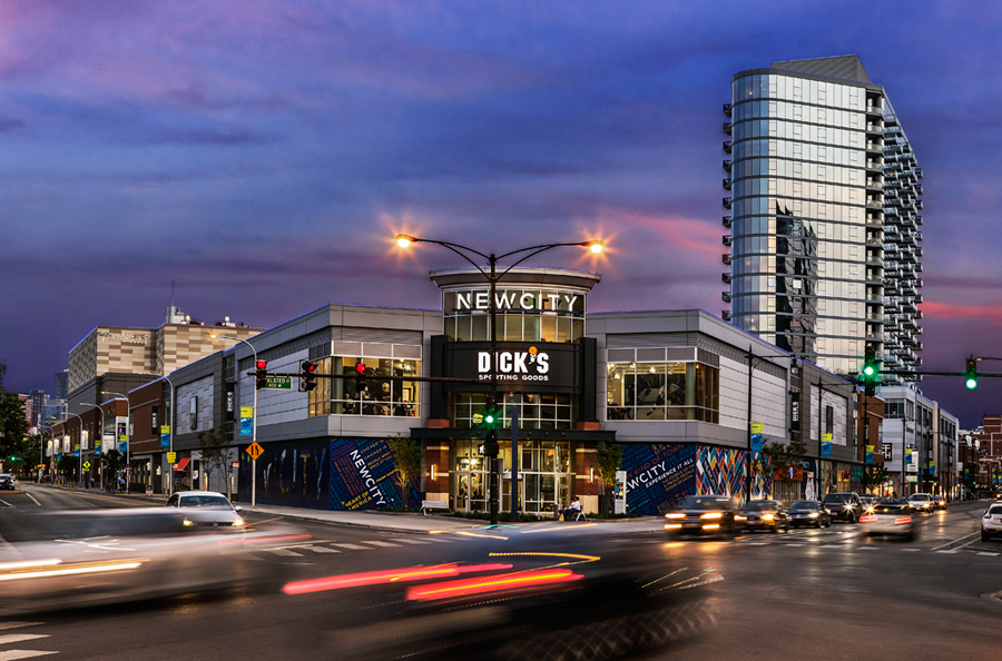 A street-level view of NEWCITY, winner of the 2016 Merit Award from the Chicago Building Congress, the 2016 Good Neighbor Award from the Chicago Association of REALTORS®, the 2016 Vision Award from the Urban Land Institute Chicago, and the Green Ribbon Award from Friends of the Chicago River.