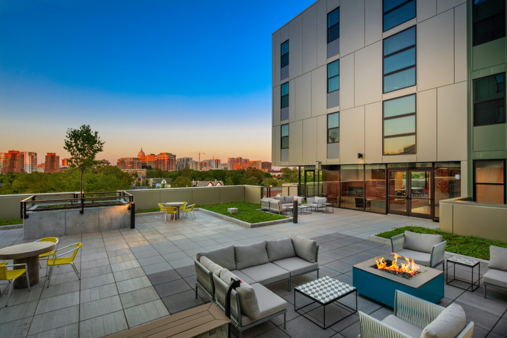 Uncommon Madison in downtown Madison, Wis., offers a mix of studio, one-, two-, three- and four-bedroom suites, as well as a full suite of amenities including a rooftop terrace.