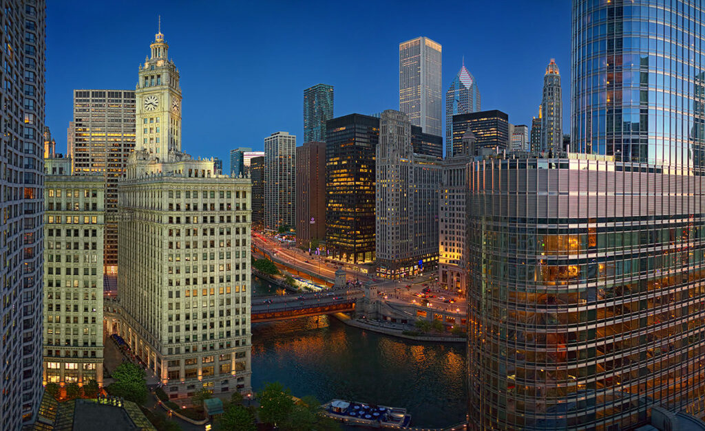 The view from Renelle on the River as captured by a drone to highlight sweeping views of the Chicago River and surrounding architecture.