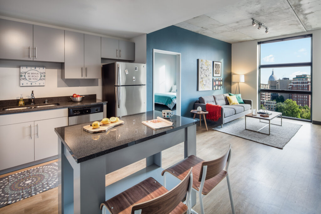 A suite at Uncommon Madison, a 410-bed community near the University of Wisconsin-Madison, features high-end finishes and sweeping views of the adjacent campus.