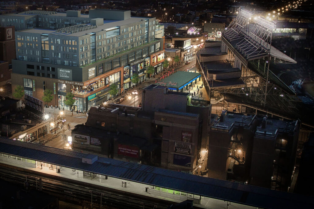 An aerial view of the Addison & Clark residential and retail complex being developed by a joint venture of M&R Development and Bucksbaum Retail Properties.