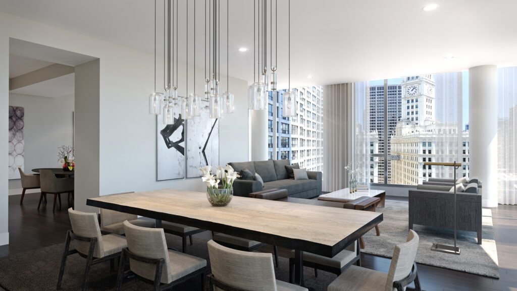 A rendering of the formal dining area of the new 2.424-square-foot “A” floor plan at Renelle on the River.