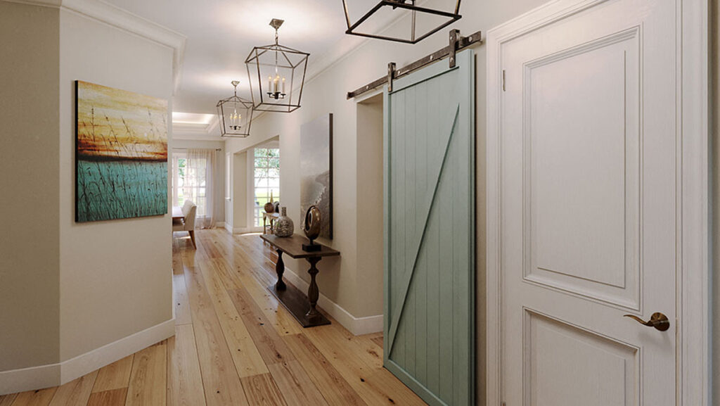 Anets Woods, an Edward R. James Companies community in Northbrook, Ill., offers sliding barn doors in high-use areas such as hallways.