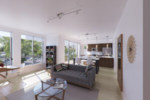 Apartment interiors at 1620 Central include stainless steel appliances, quartz countertops and wood plank flooring.