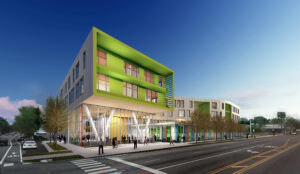 Evergreen Real Estate Group is developing a pair of "co-located" projects featuring affordable housing atop two new library branches, including this one at 6800 N. Western Ave., designed by Perkins+Will.