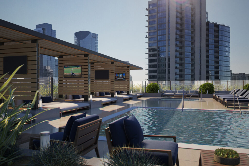 Private cabanas with TVs are among the luxury amenities at SixForty, a 250-unit rental tower opening this weekend in Chicago's River North neighborhood.