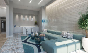 The lobby at The Residences of Wilmette features a striking Ann Sacks tile design and a contemporary aesthetic to welcome residents and guests.