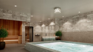 The spa at The Residences of Wilmette is reminiscent of a five-star resort with hot tub, steam room and sauna with Chromotherapy.